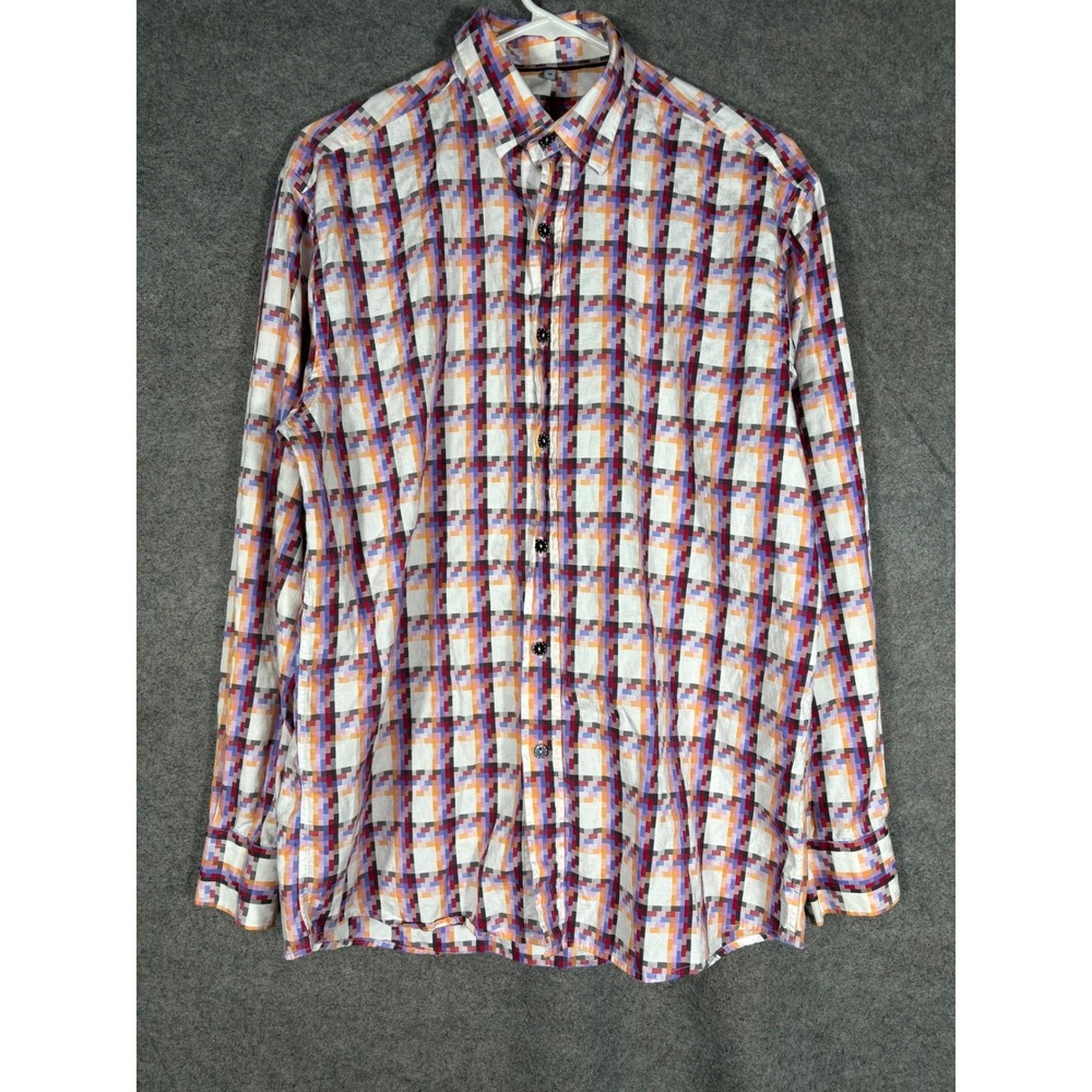 Luchiano Visconti Black Mens Medium Multi Color Pixel Plaid Cotton Button Down